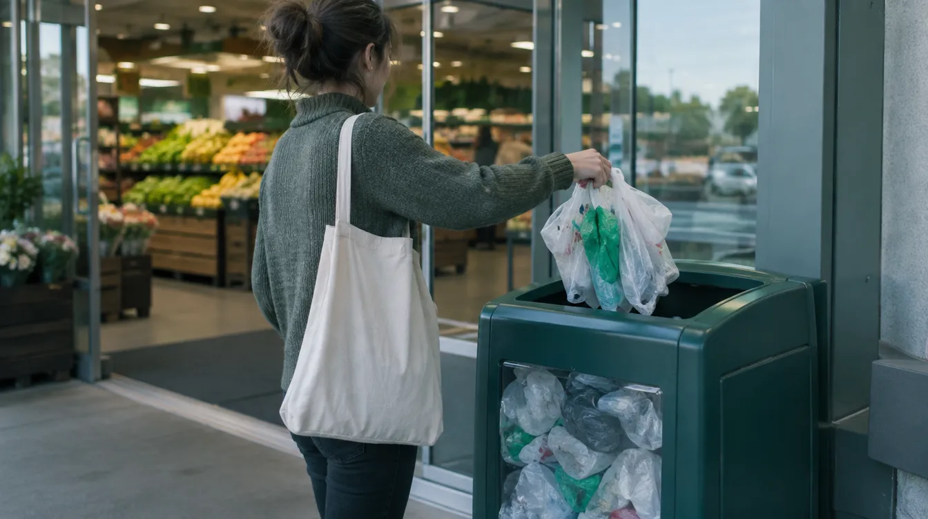 A shopper returning plastic bags to a store drop-off bin