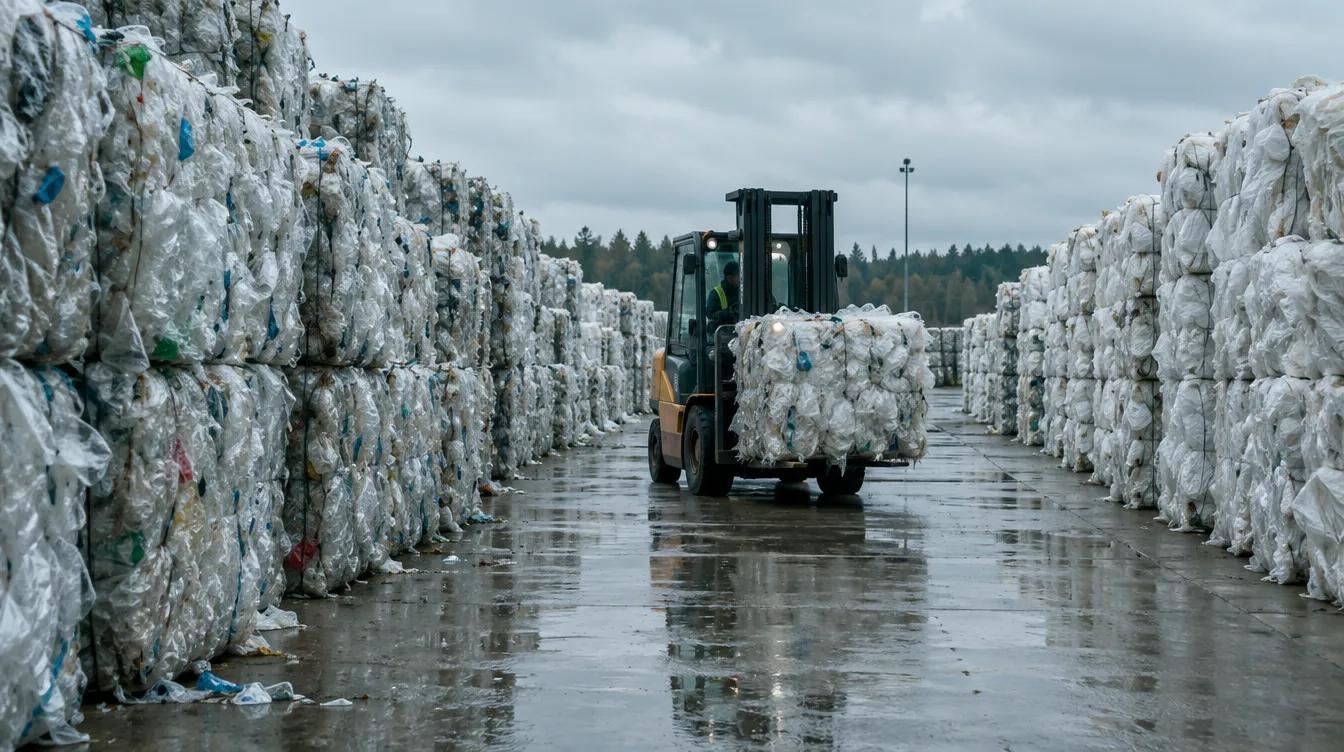 Bales of film stacked in a recycling yard as a forklift moves a load