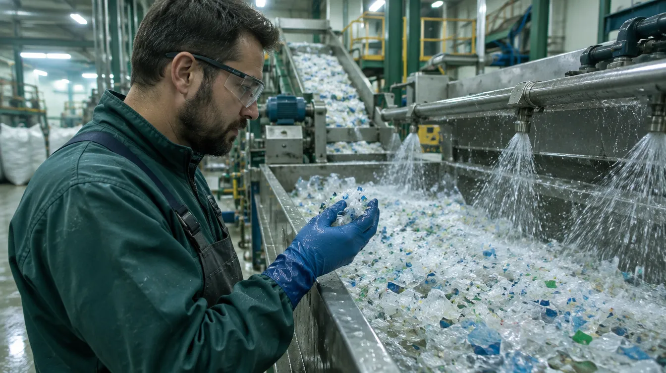 An operator checking washed plastic flakes on a reclamation line