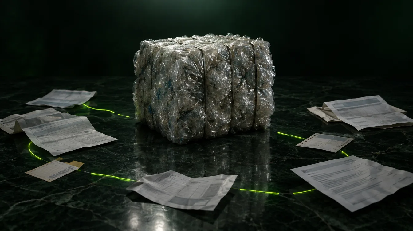 A bale of recovered film surrounded by scattered weight tickets and bills of lading, a lime thread broken into gaps between them