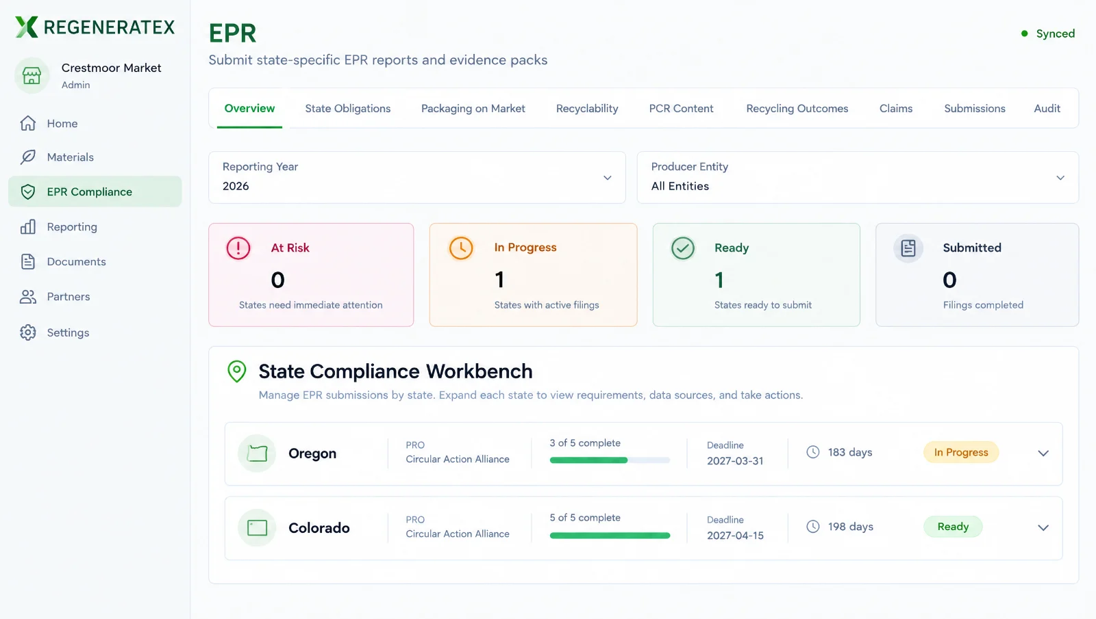 EPR state compliance workbench with Oregon in progress and Colorado ready