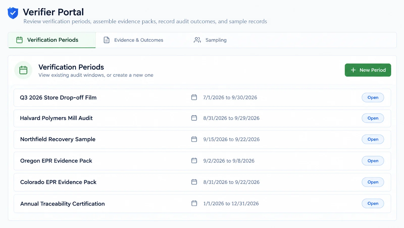 Verifier portal with verification periods and evidence packs